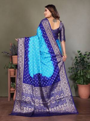 Light blue handmade bandhej satin silk saree with zari weaving border 2