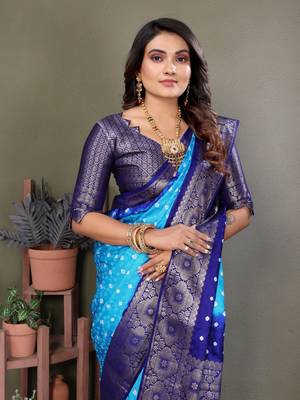 Light blue handmade bandhej satin silk saree with zari weaving border 3