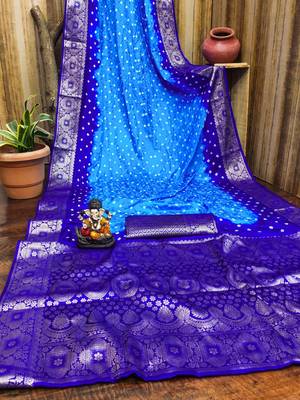 Light blue handmade bandhej satin silk saree with zari weaving border 4