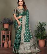 Dark green handmade bandhej satin silk blend saree with zari weaving border