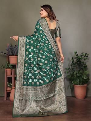 Dark green handmade bandhej satin silk blend saree with zari weaving border 2