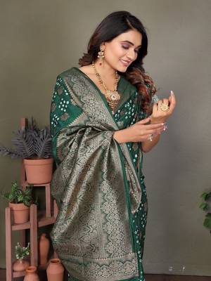 Dark green handmade bandhej satin silk blend saree with zari weaving border 3