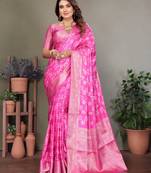 Pink handmade bandhej satin silk blend saree with zari weaving border