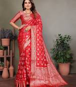 Red handmade bandhej satin silk blend saree with zari weaving border