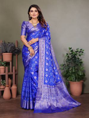 Blue handmade bandhej satin silk blend saree with zari weaving border 1
