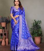 Blue handmade bandhej satin silk blend saree with zari weaving border