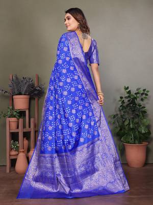 Blue handmade bandhej satin silk blend saree with zari weaving border 2