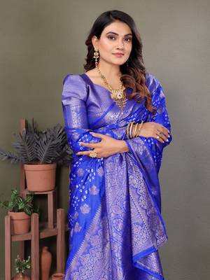 Blue handmade bandhej satin silk blend saree with zari weaving border 3
