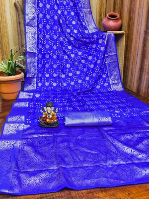 Blue handmade bandhej satin silk blend saree with zari weaving border 4