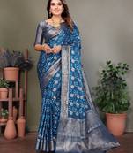 Teal handmade bandhej satin silk blend saree with zari weaving border