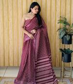 Wine soft linen cotton digital print saree with woven silver border