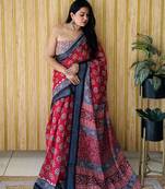 Maroon soft linen cotton digital print saree with woven silver border