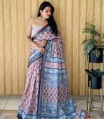 Orange soft linen cotton digital print saree with woven silver border