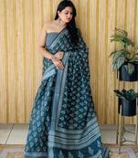 Teal soft linen cotton digital print saree with woven silver border
