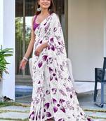 White printed cotton saree with blouse piece