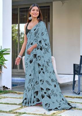 Grey printed cotton saree with blouse piece 1