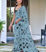 Grey printed cotton saree with blouse piece