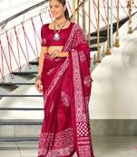 Dark pink printed cotton saree with blouse piece