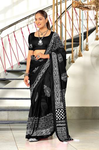 Black printed cotton saree with blouse piece