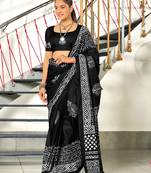 Black printed cotton saree with blouse piece