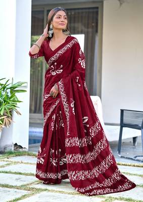 Maroon printed cotton saree with blouse piece 1