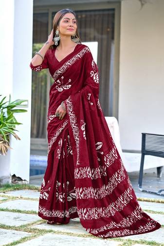 Maroon printed cotton saree with blouse piece