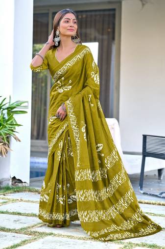 Mehendi printed cotton saree with blouse piece