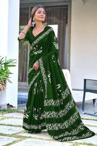Green printed cotton saree with blouse piece
