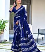 Blue printed cotton saree with blouse piece
