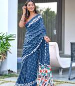 Blue printed cotton saree with blouse piece