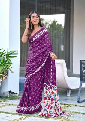 Wine printed cotton saree with blouse piece 1