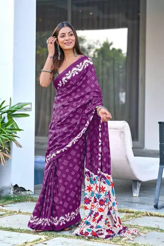 Wine printed cotton saree with blouse piece