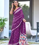 Wine printed cotton saree with blouse piece
