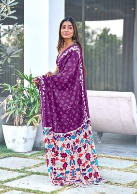 Wine printed cotton saree with blouse piece 2