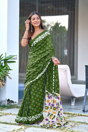Green printed cotton saree with blouse piece