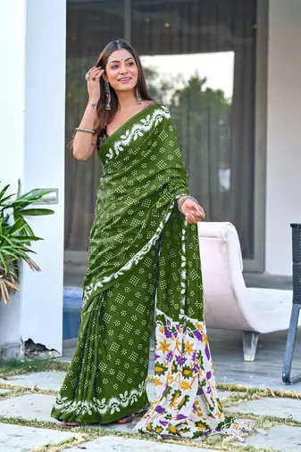 Green printed cotton saree with blouse piece