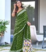 Green printed cotton saree with blouse piece