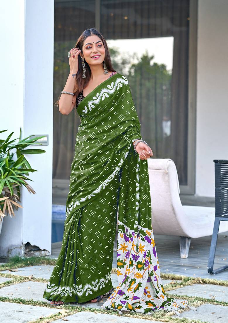 Green printed cotton saree with blouse piece