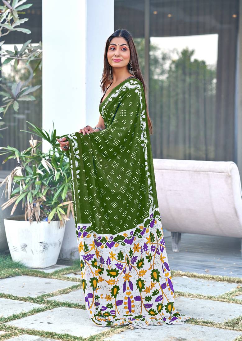 Green printed cotton saree with blouse piece