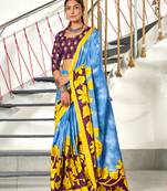 Blue printed cotton saree with blouse piece
