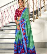 Green printed cotton saree with blouse piece