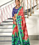 Red printed cotton saree with blouse piece