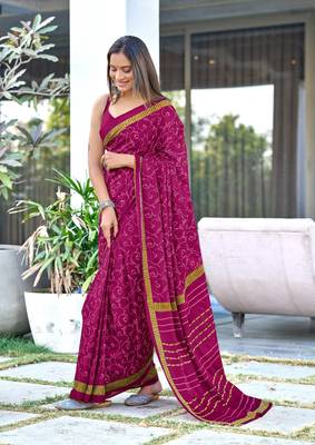 Wine printed cotton saree with blouse piece 1
