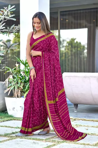 Wine printed cotton saree with blouse piece