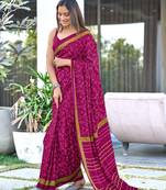 Wine printed cotton saree with blouse piece