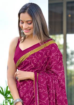 Wine printed cotton saree with blouse piece 4