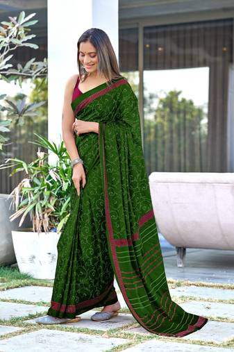 Green printed cotton saree with blouse piece