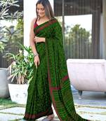 Green printed cotton saree with blouse piece