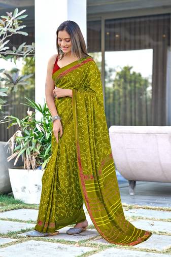 Mehendi printed cotton saree with blouse piece