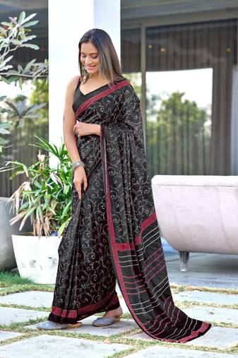 Black printed cotton saree with blouse piece